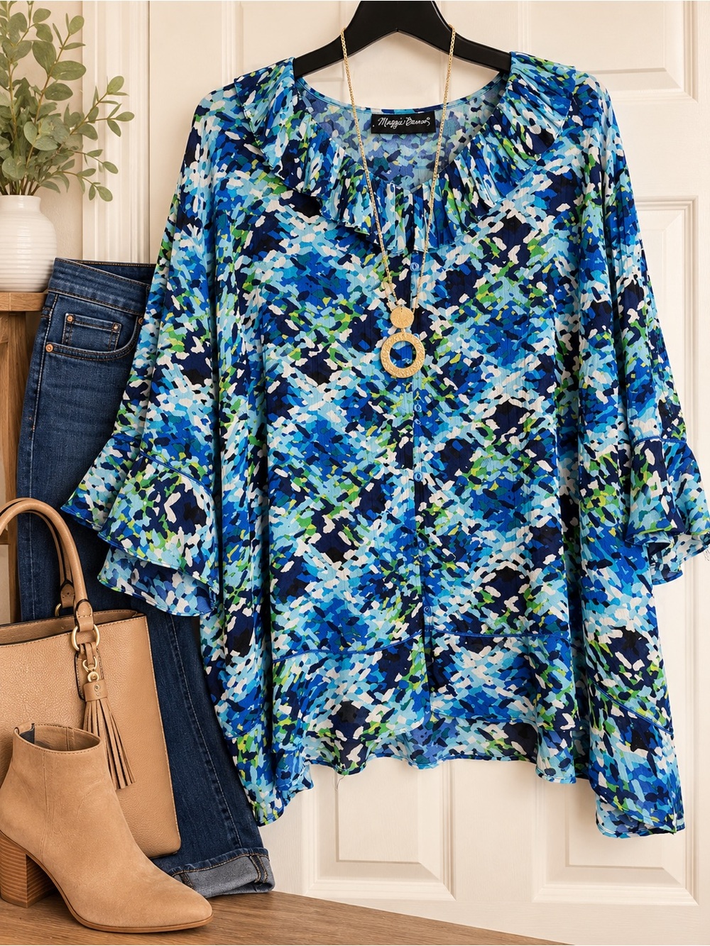 Maggie Barnes Blue & Green Abstract Ruffle-Neck Tunic